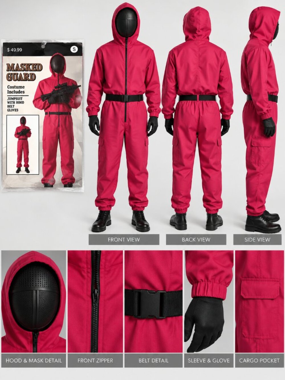 Masked Guard Costume Adult M/L/XL Pink Jumpsuit Belt Gloves NIP
